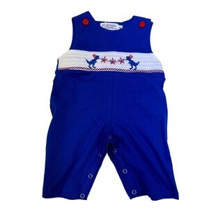 NWT Rylee Faith Designs Romper Blue Smocked Dinosaur Patriotic Baby 3M Americana